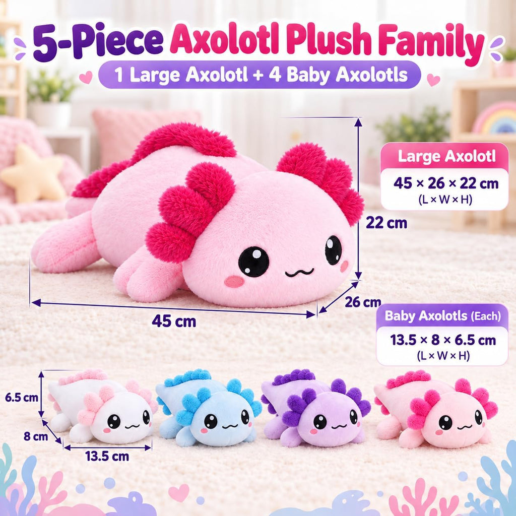 Axolotl - Animal de peluche con bebés, lindo peluche de axolote de mamá con 4 mini axolotes de bebé, conjunto familiar de anfibios suave, regalo de peluche Kawaii para niños, niñas, niños y