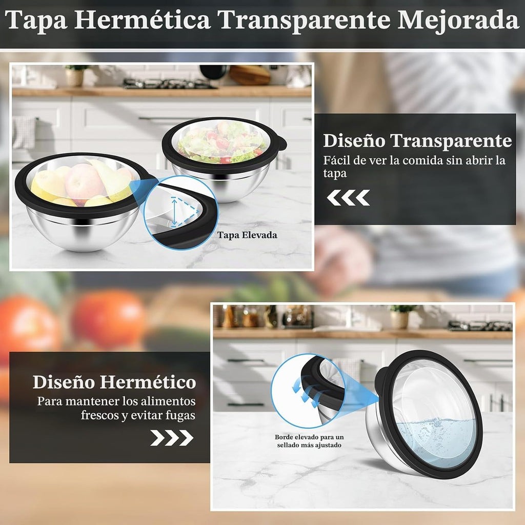 P&P CHEF - Juego de tazones de metal con tapas, tapas herméticas visibles y color negro