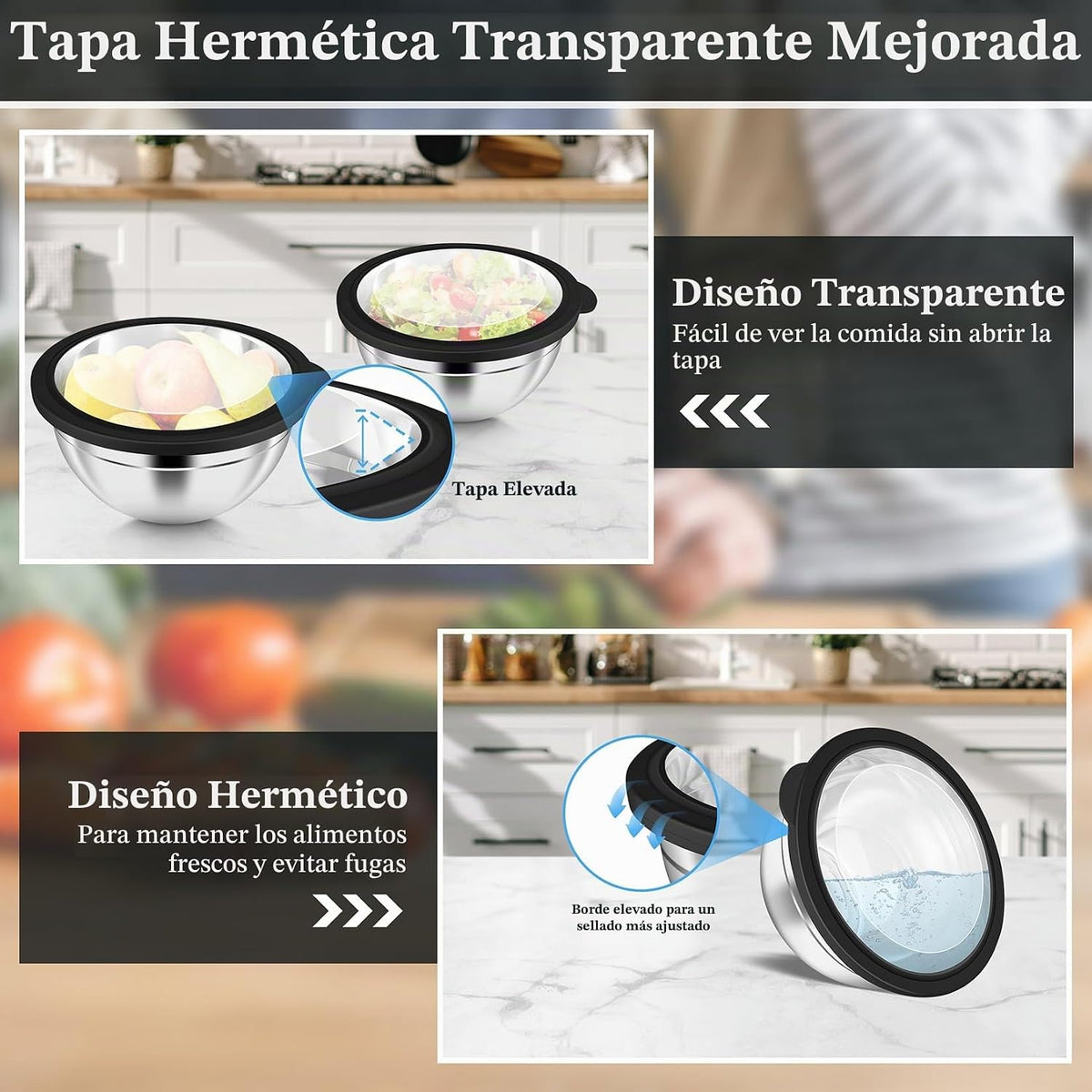 P&P CHEF - Juego de tazones de metal con tapas, tapas herméticas visibles y color negro