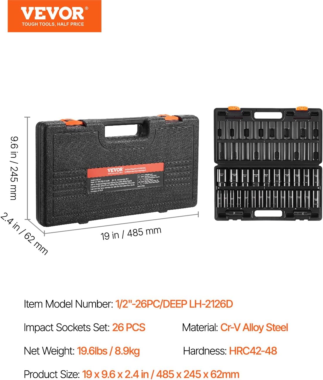 VEVOR Juego de llaves de impacto de 1/2", 26 piezas, métricas de 10 a 1.417