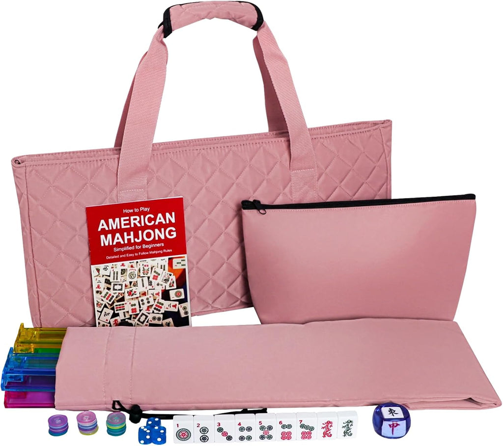 Juego de Mahjong Americano con Bolsa de Almacenamiento, 166 Fichas Blancas, 4 Bastidores/Impulsadores Todo-en-Uno, Juego de Fichas de Mahjong (Ma Jong, Mah-Jongg, Majiang)