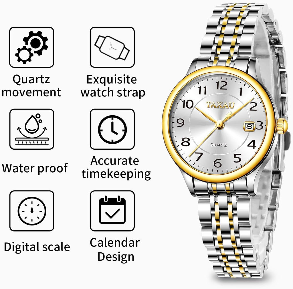 Reloj de Mujer Elegante Analógico a Cuarzo con Carga de Fecha, Números Arábigos Grandes, Impermeable, Dos Tonos, Acero Inoxidable, Pequeño, Reloj de Muñeca