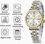 Reloj de Mujer Elegante Analógico a Cuarzo con Carga de Fecha, Números Arábigos Grandes, Impermeable, Dos Tonos, Acero Inoxidable, Pequeño, Reloj de Muñeca