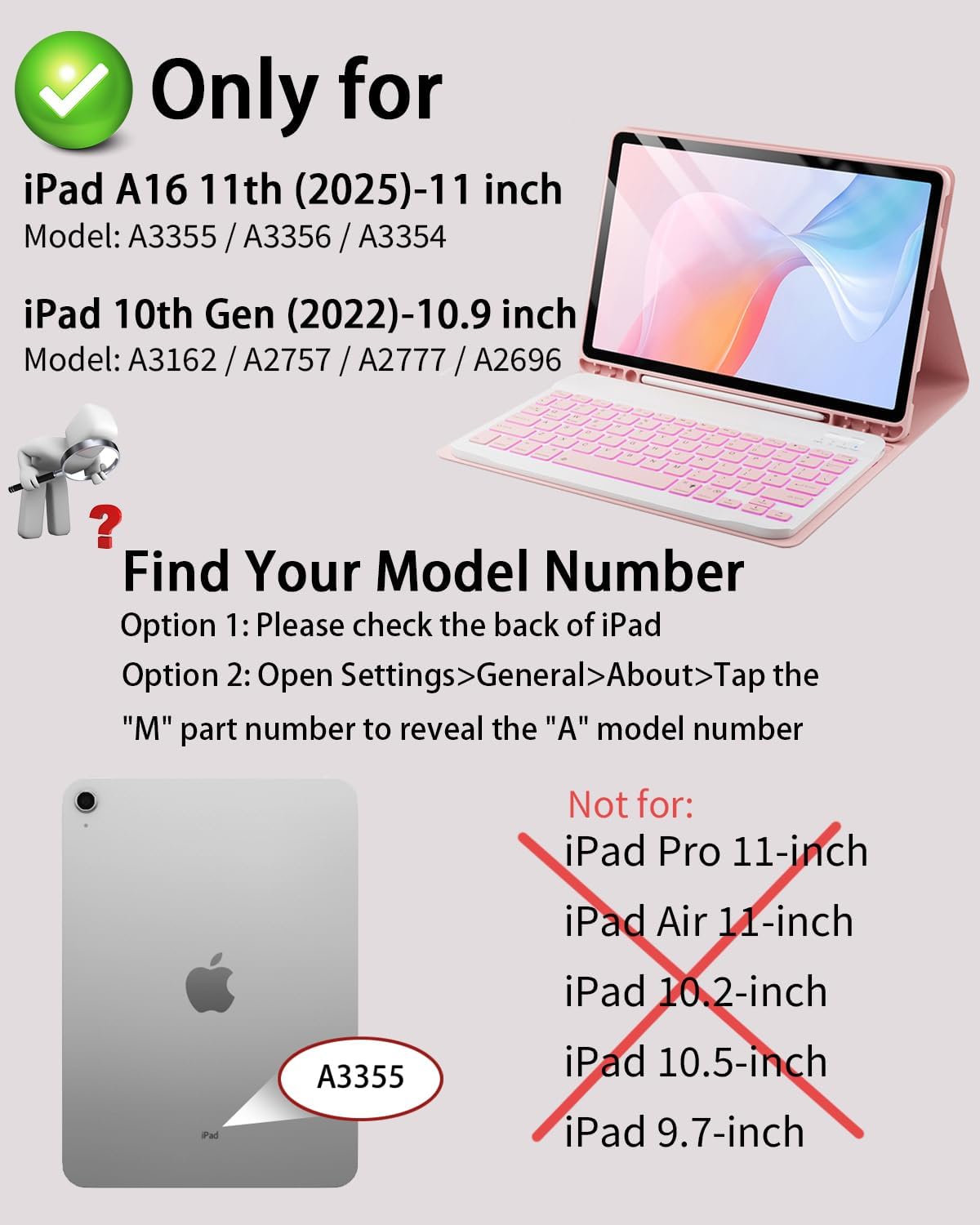 TUNKARMOR Funda para iPad A16 de 11ª/10ª generación con teclado retroiluminado, 7 cambios de color para iPad de 10ª generación 2022 y 11ª generación 2025 A16 de 10.9/11 pulgadas, soporte para lápiz