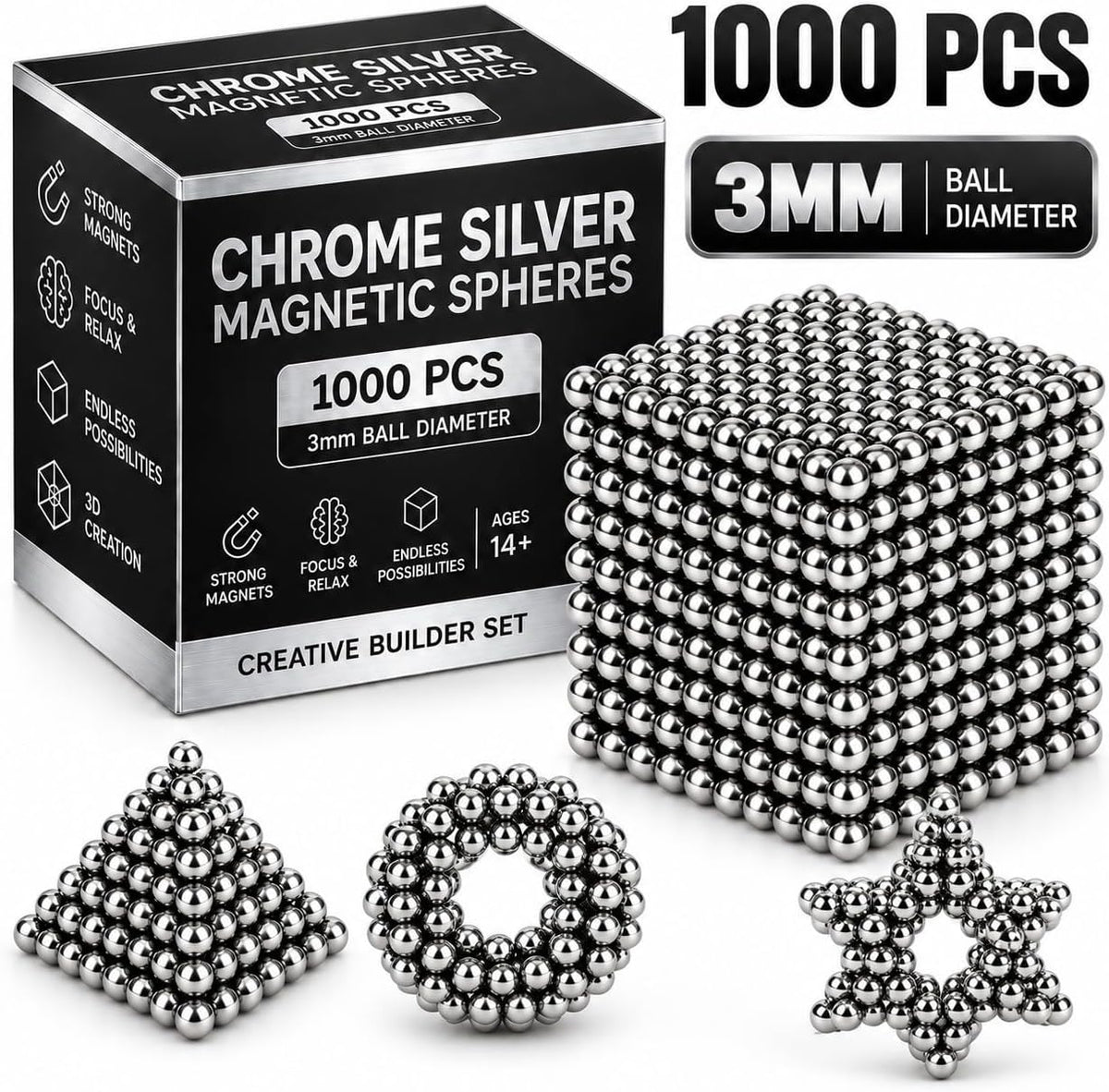 Bolas magnéticas de construcción creativa de plata 1000PCS para adultos