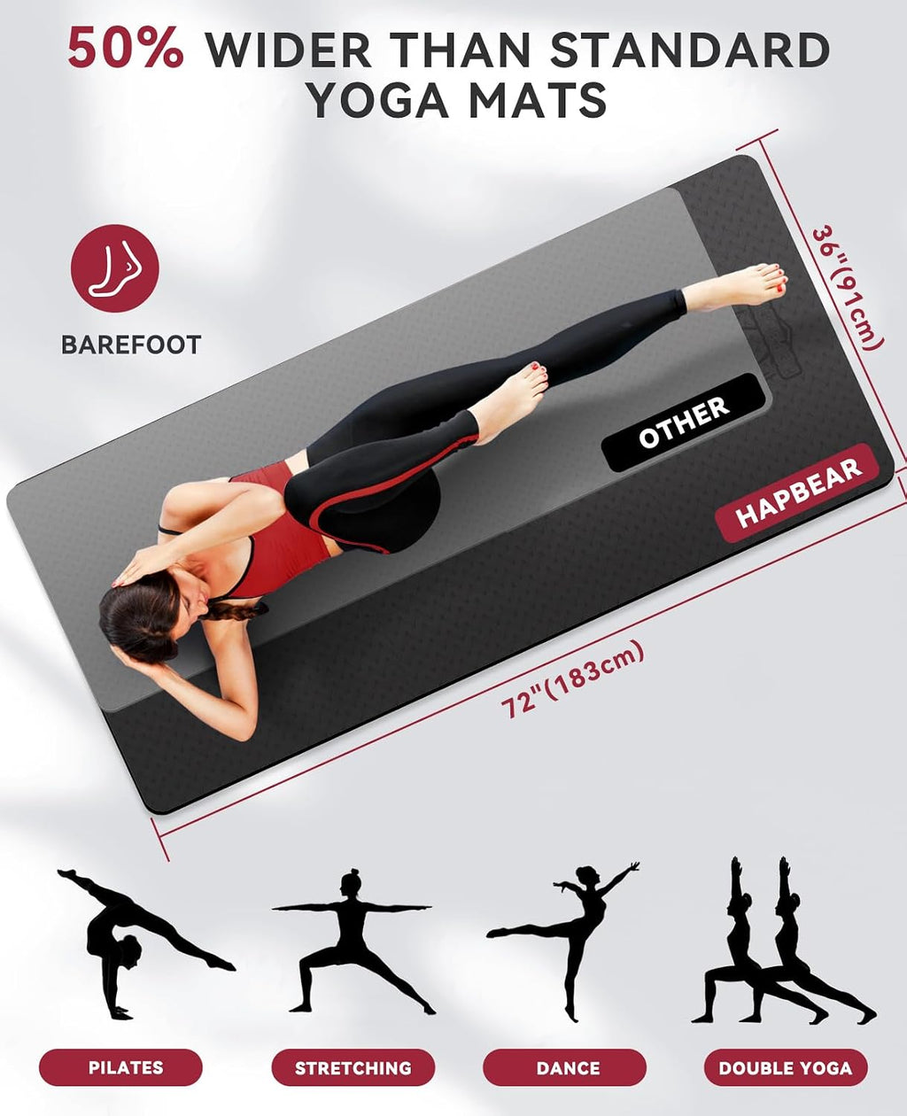 HAPBEAR Large Yoga Mat - 72"x36"x6mm (1/4 inch), Extra Wide Non-Slip Exercise Mat para Home Workout, Yoga, Pilates & Stretching, Durable, Includes Carry Bag