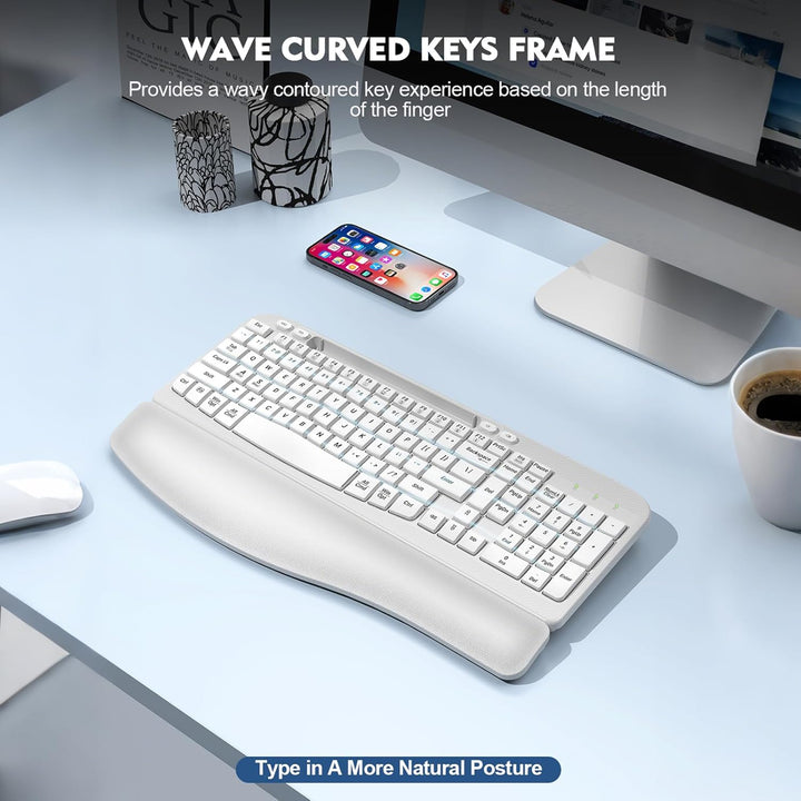 Teclado inalámbrico ergonómico con reposamuñecas acolchado, teclas...