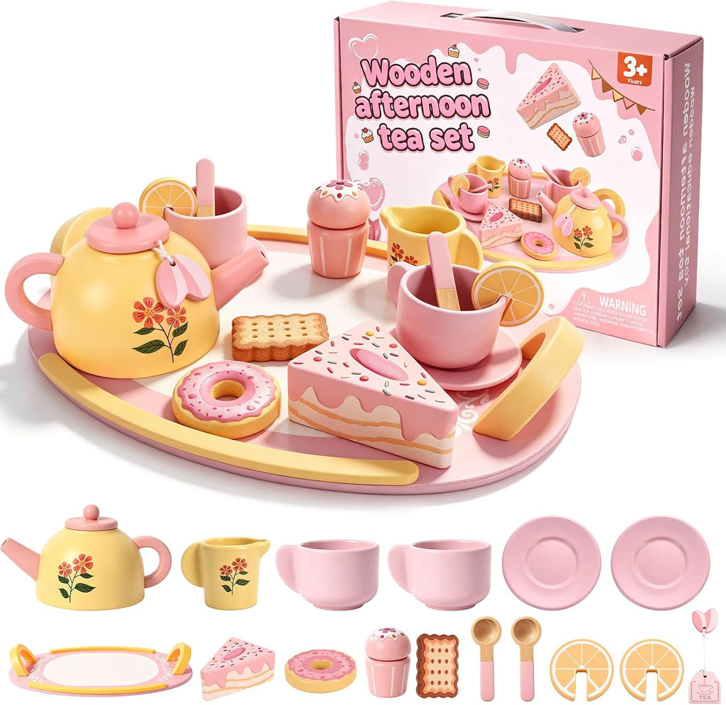 Juego de té de madera para niñas pequeñas, juego de comida de simulación