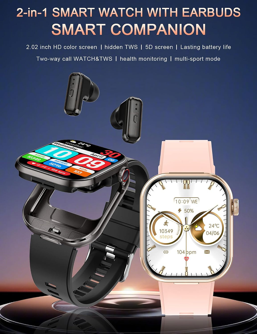 Reloj inteligente con auriculares, pantalla HD de 2.02 pulgadas, rastreador de actividad 2 en 1 con auriculares inalámbricos, impermeable, compatible con Android iOS, viene con 2 correas de