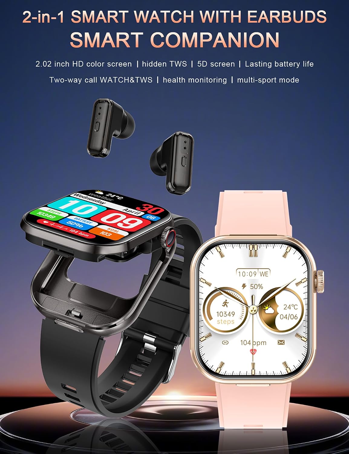 Reloj inteligente con auriculares, pantalla HD de 2.02 pulgadas, rastreador de actividad 2 en 1 con auriculares inalámbricos, impermeable, compatible con Android iOS, viene con 2 correas de