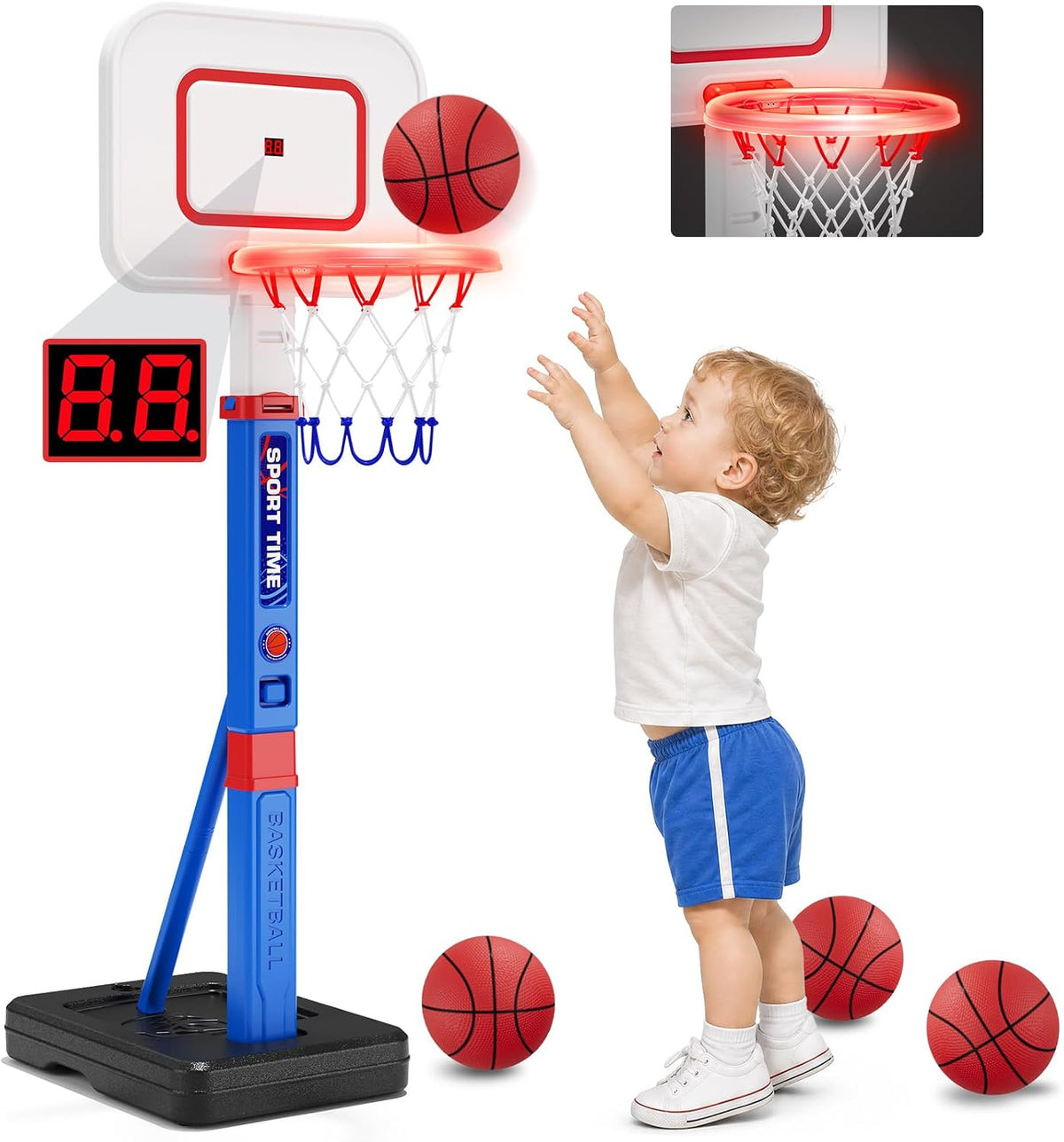 Aro de Baloncesto para Niños con Tablero de Puntuación/LED para Niños de 3-5 años