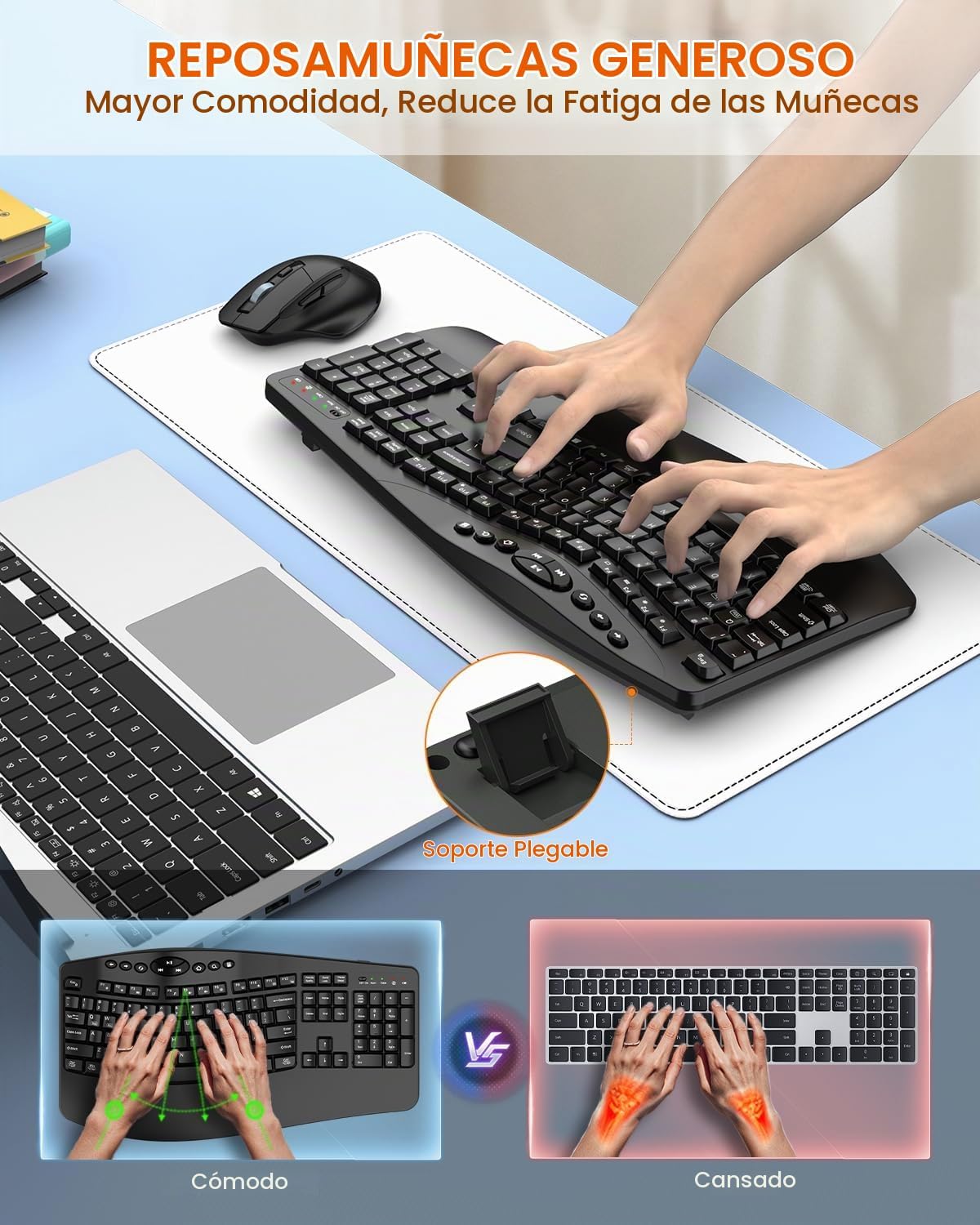 Combo ergonómico de teclado y mouse inalámbricos, teclas onduladas...