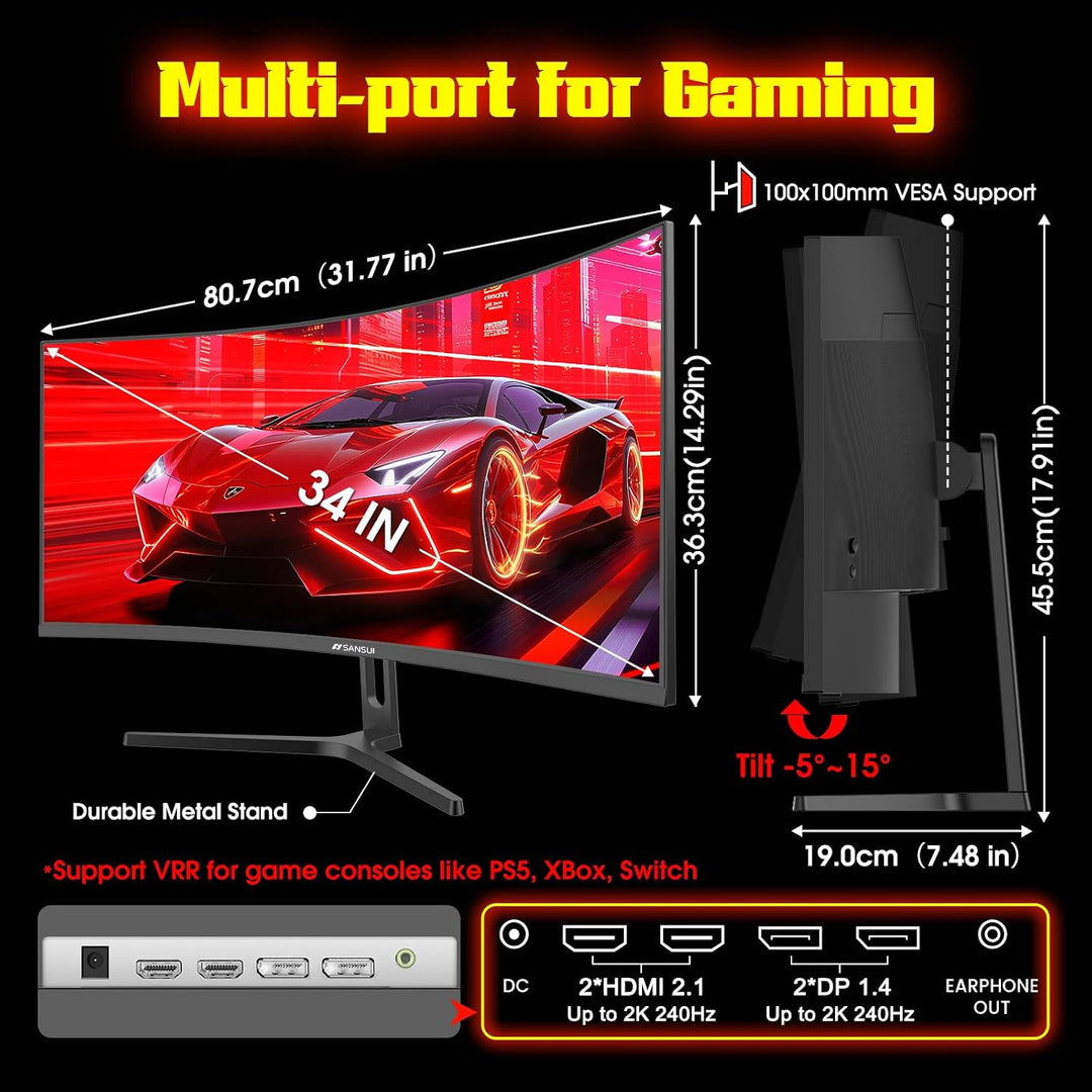 SANSUI Monitor curvo de 34 pulgadas 240Hz UWQHD 3440 × 1440 Monitor...