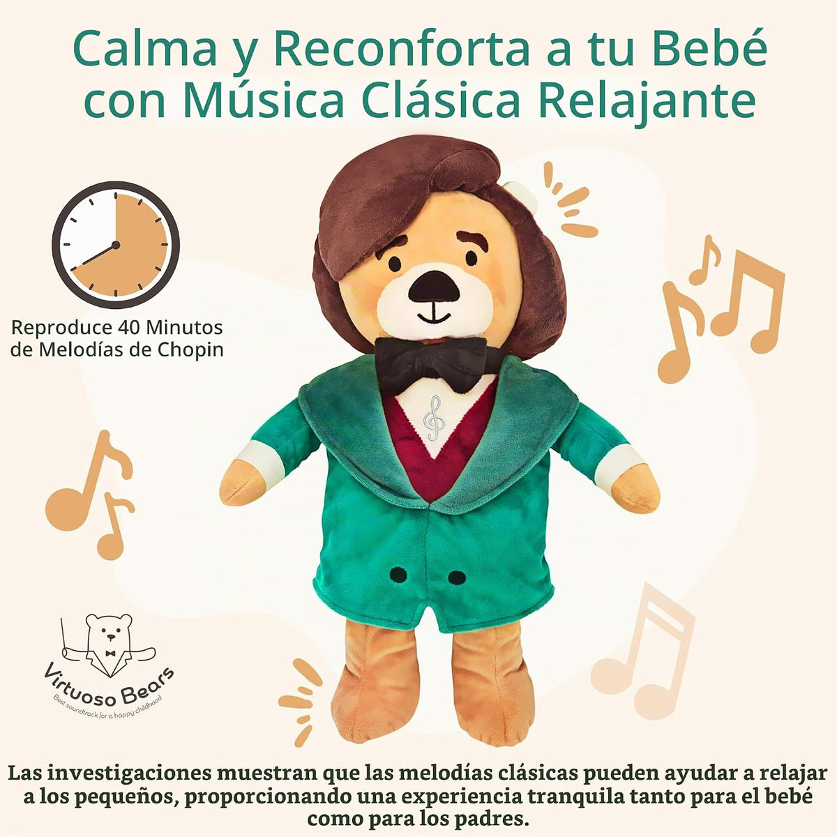 Chopin - Oso de peluche interactivo que reproduce 40 minutos de música clásica, educativo y relajante para bebés y niños pequeños, ideal