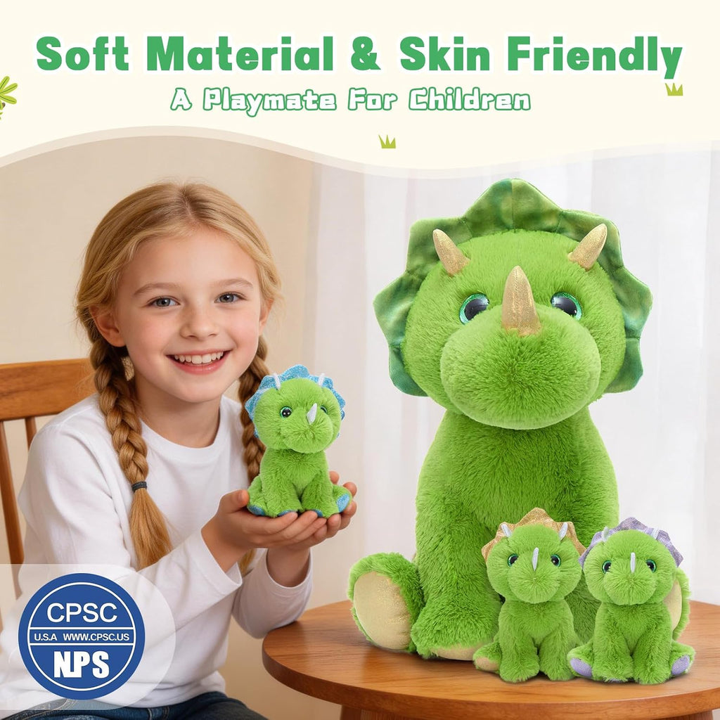 MaoGoLan Triceratops - Animal de peluche verde con 3 bebés, dinosaurio de