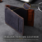 Cartera de cuero toscano para hombre, con cierre magnético, cierre magnético, con bloqueo RFID, minimalista, bolsillo frontal, cartera de cuero para hombres, Azul marino/Bourbon