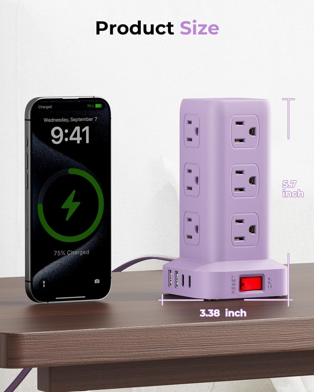 Regleta de alimentación púrpura con 12 tomas, 4 USB (1 USB C), cable de extensión de 6.5 pies con múltiples tomas, estación de carga, torre de regleta de alimentación, suministros de escritorio de