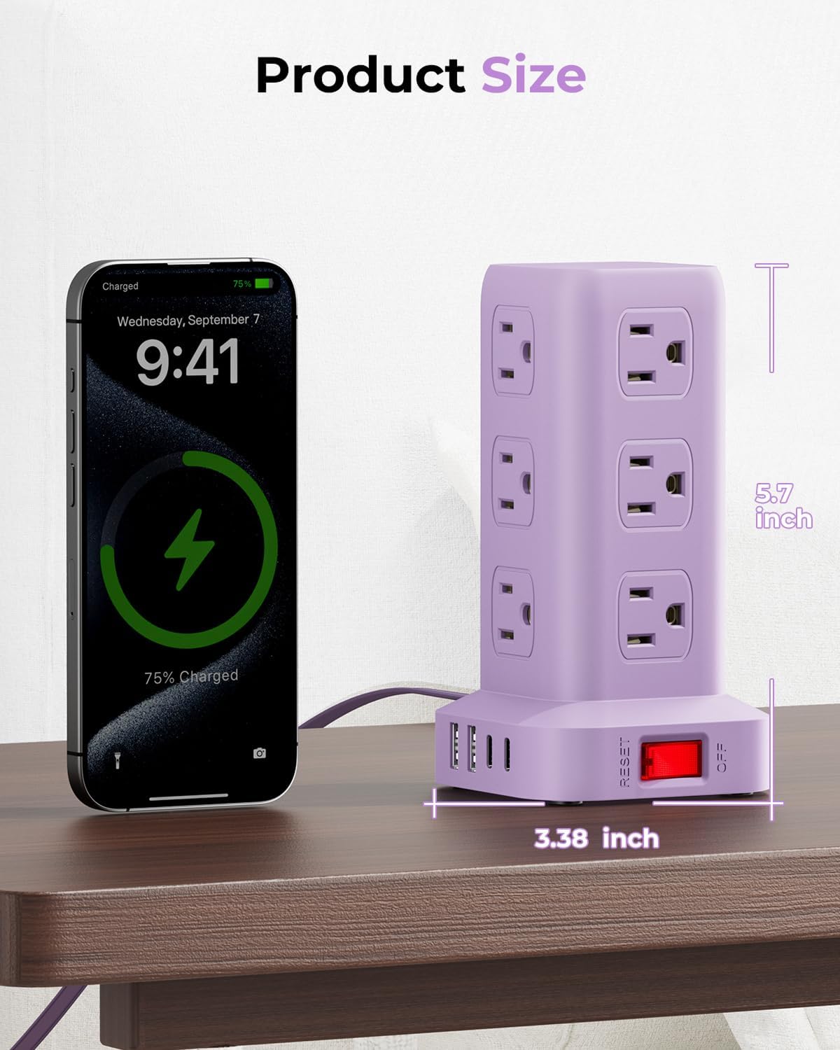 Regleta de alimentación púrpura con 12 tomas, 4 USB (1 USB C), cable de extensión de 6.5 pies con múltiples tomas, estación de carga, torre de regleta de alimentación, suministros de escritorio de