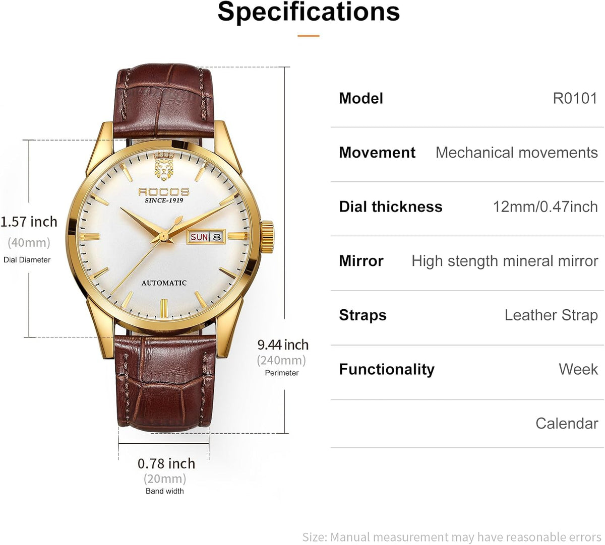 ROCOSJEWE R0101 Reloj Automático Mecánico para Hombre de Lujo Dorado Reloj Clásico Retro Correa de Cuero Marrón Impermeable Regalo para Hombre Moda Negocios
