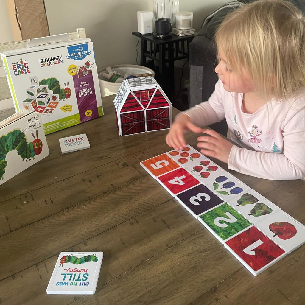 CreateOn Eric Carle La oruga muy hambrienta y araña muy ocupada juego de juego de construcción magnético, juguetes de construcción magnéticos, educativos, herramientas STEM y Montessori, azulejos