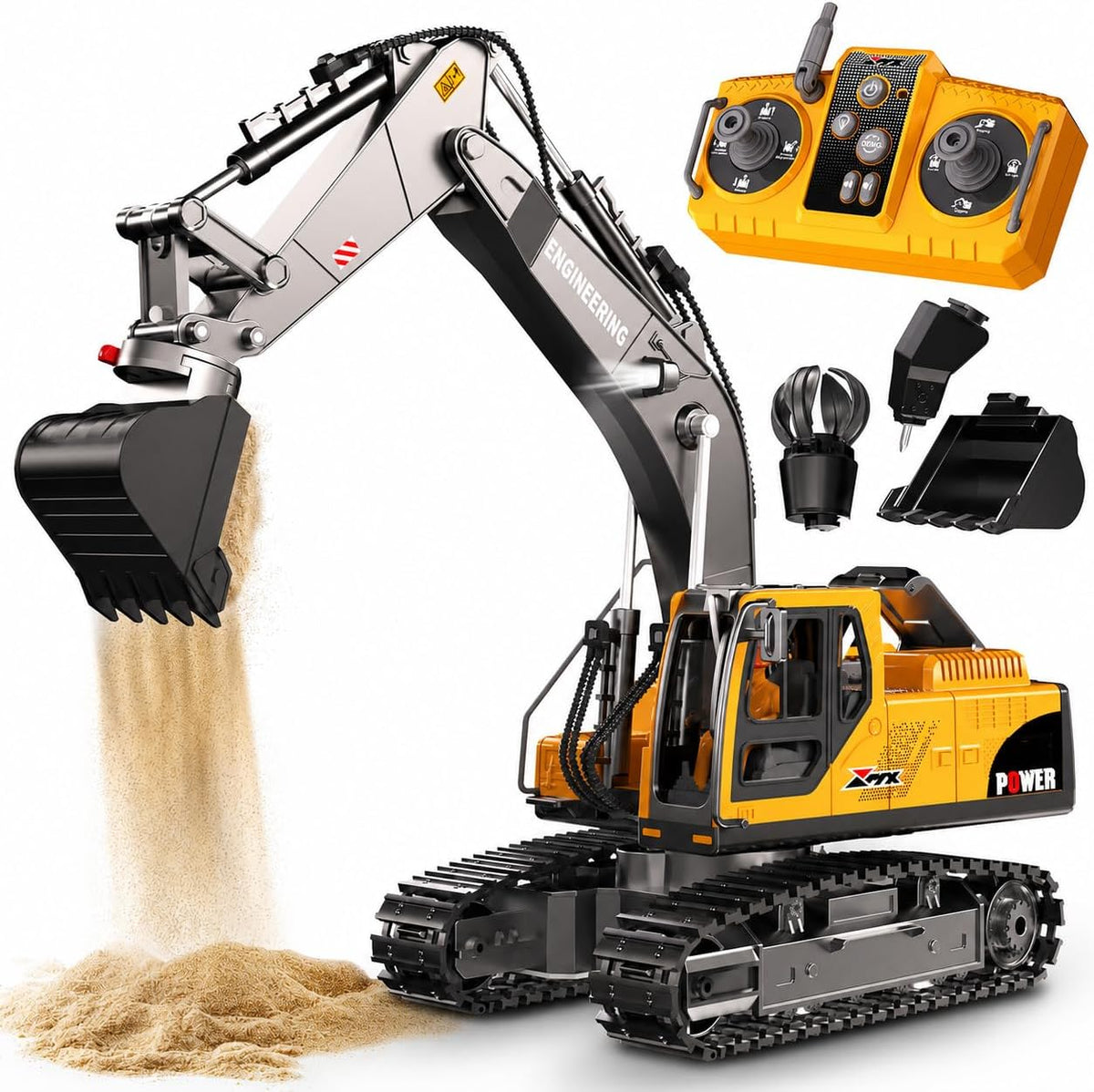 Juguetes de excavadora a control remoto, cubo de metal 3 en 1, garra, taladro, gira 680°, juguetes de construcción con luces/2 baterías de recarga/música, regalos de cumpleaños de Navidad, mini excavadora RC juguetes para niños para mayores de 3 años