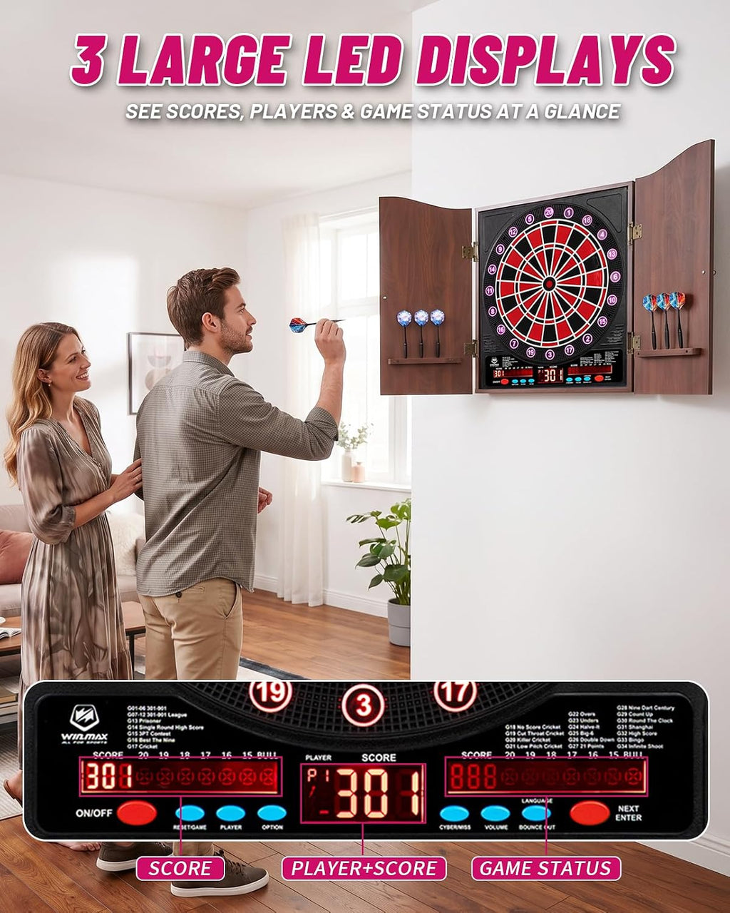 Electronic Dart Board con Cabinet Set, Dartboard con 8-Player Color Light