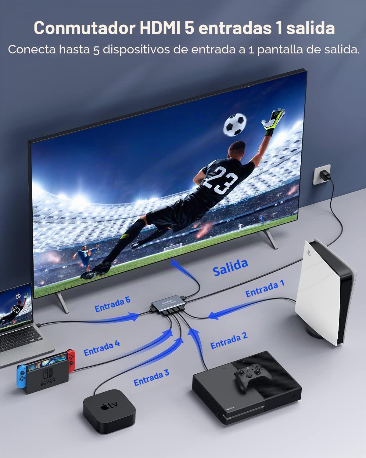 GANA HDMI interruptor 5 en 1 Salida 4K @60Hz Conmutador HDMI con control remoto