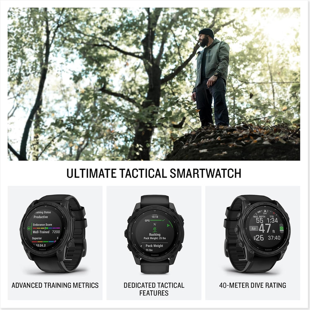 Garmin tactix® 8 51mm, pantalla con carga solar, reloj inteligente táctico GPS premium, incluye Applied Ballistics Ultralight™ Solver