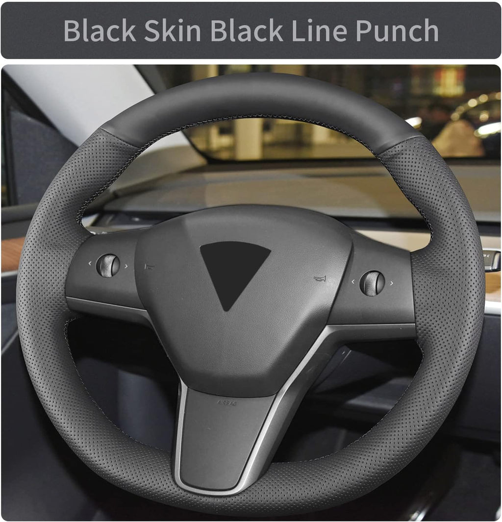 Funda para volante cosida a mano, apta para Tesla Model 3 2017-2023/Modelo Y 2020-2023, funda antideslizante de cuero de microfibra transpirable para volante de automóvil, accesorios para el interior del automóvil