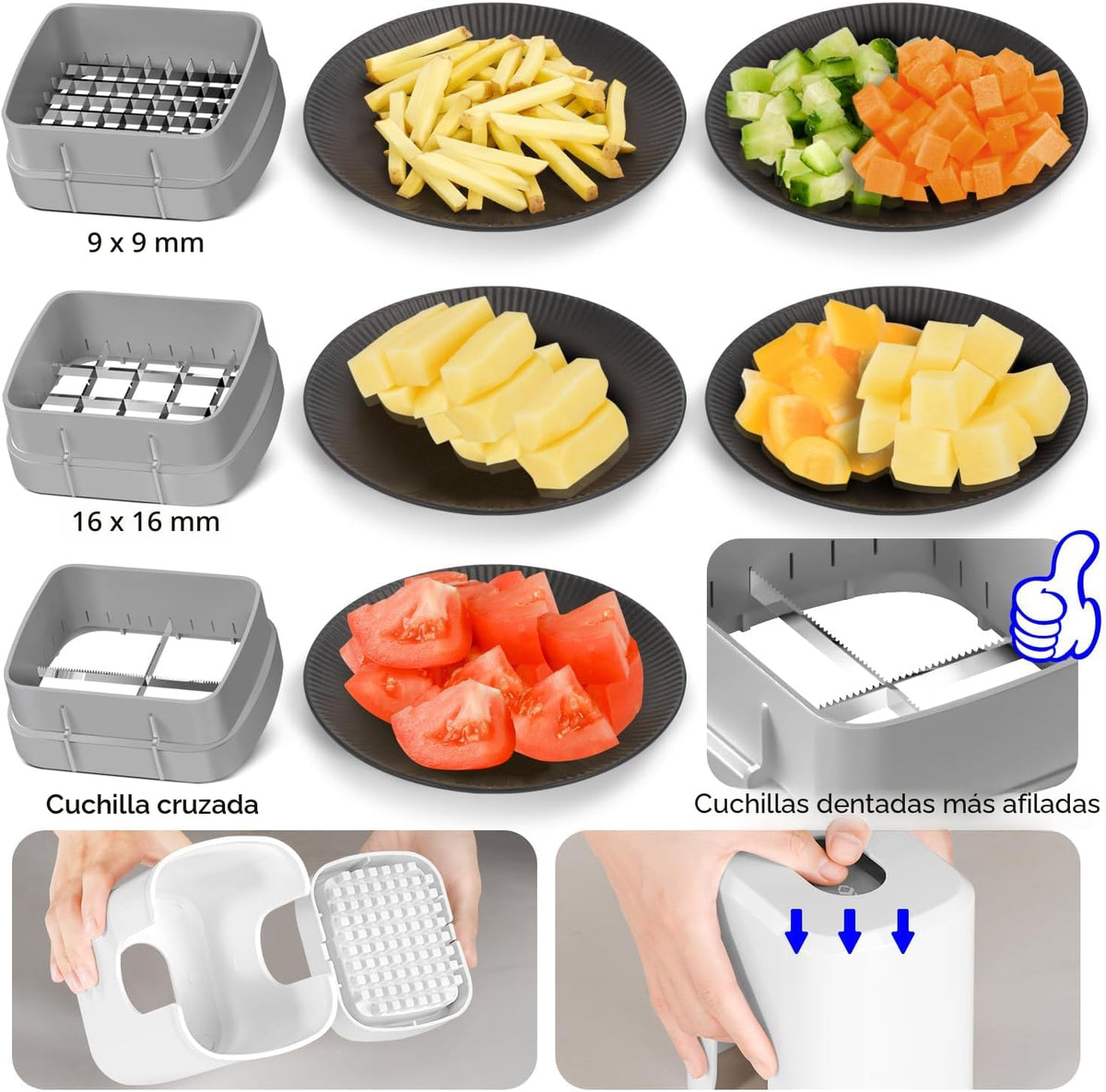 KEOUKE Picador multifuncional de verduras, blanco, 3 cuchillas intercambiables, cortador de papas fritas con recipiente y caja de almacenamiento, picador de alimentos para pepino, tomate, zanahoria, cebolla