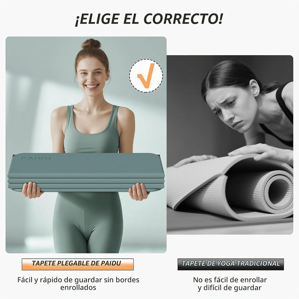 PAIDU Esterilla de yoga plegable para fitness, extra gruesa de 2/5 pulgadas (0.394 in) | TPE antideslizante certificado SGS | 75 x 26 pulgadas extra larga | portátil y fácil de almacenar | para yoga