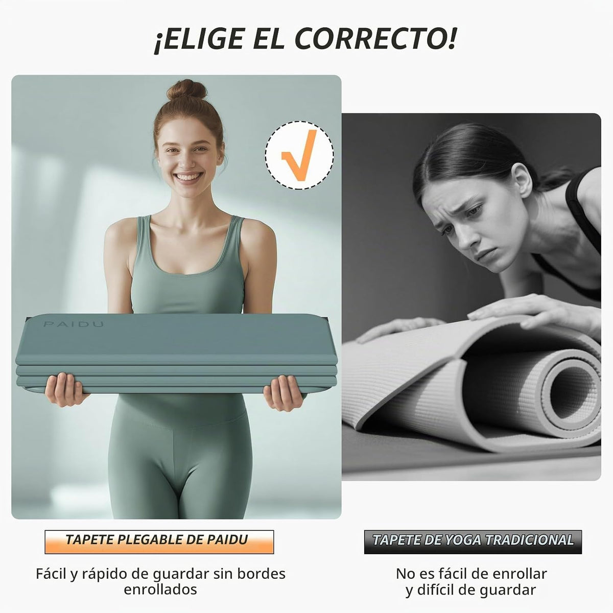 PAIDU Esterilla de yoga plegable para fitness, extra gruesa de 2/5 pulgadas (0.394 in) | TPE antideslizante certificado SGS | 75 x 26 pulgadas extra larga | portátil y fácil de almacenar | para yoga