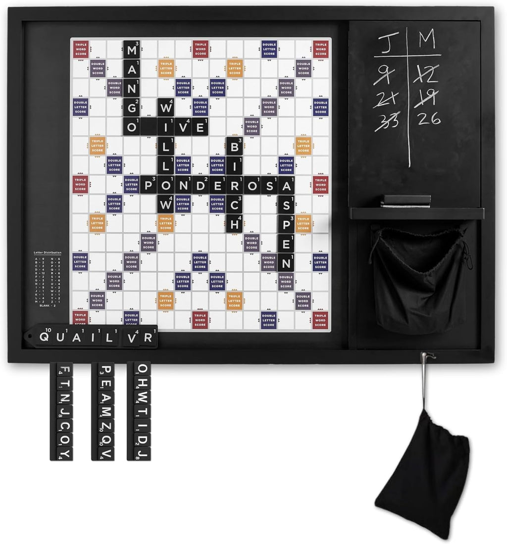 Juego de palabras de madera de gran tamaño para montar en la pared (32 x 24 pulgadas), tablero magnético de azulejos de palabras con pizarra, almacenamiento y azulejos, juego montado en la pared