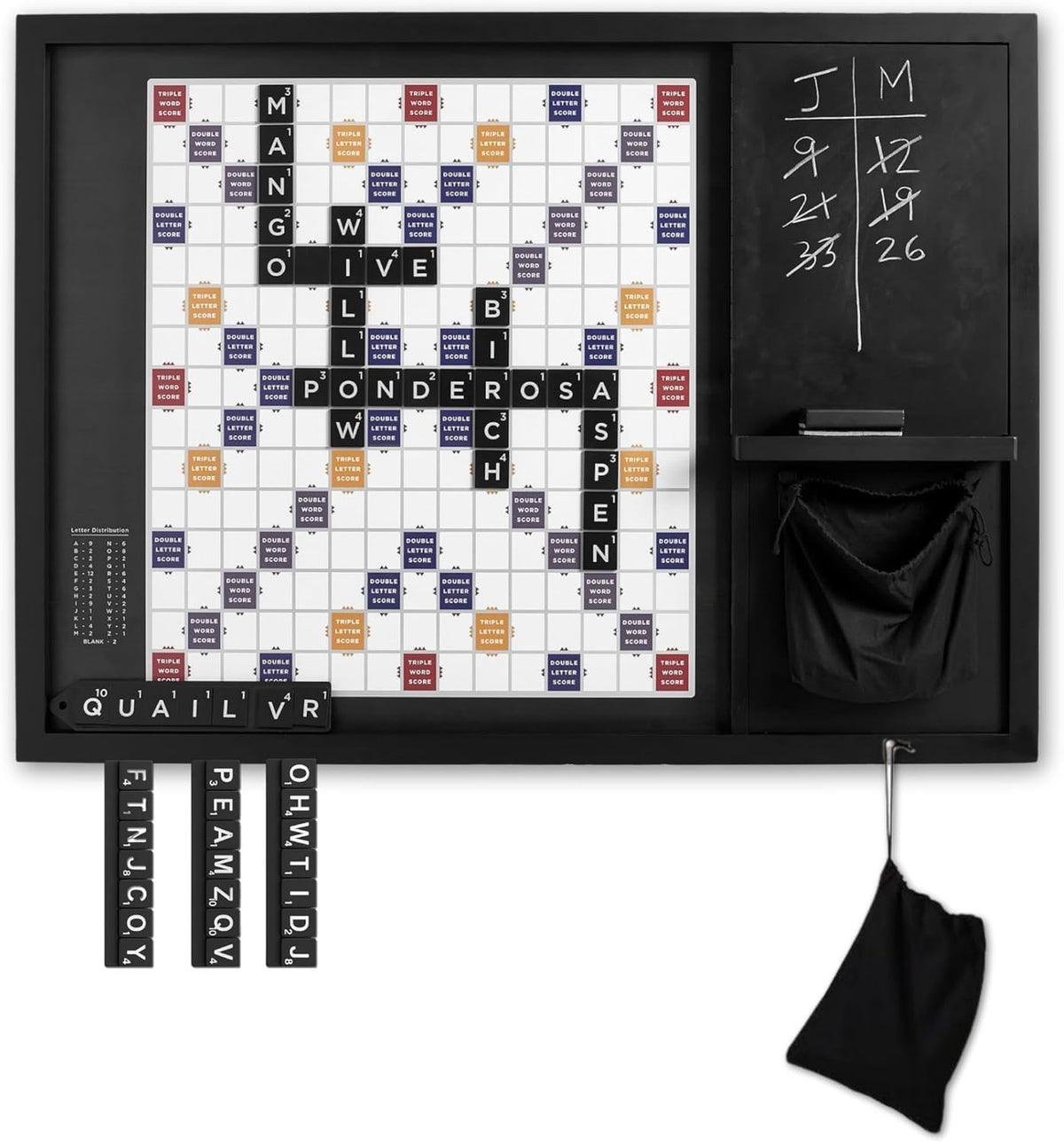 Juego de palabras de madera de gran tamaño para montar en la pared (32 x 24 pulgadas), tablero magnético de azulejos de palabras con pizarra, almacenamiento y azulejos, juego montado en la pared