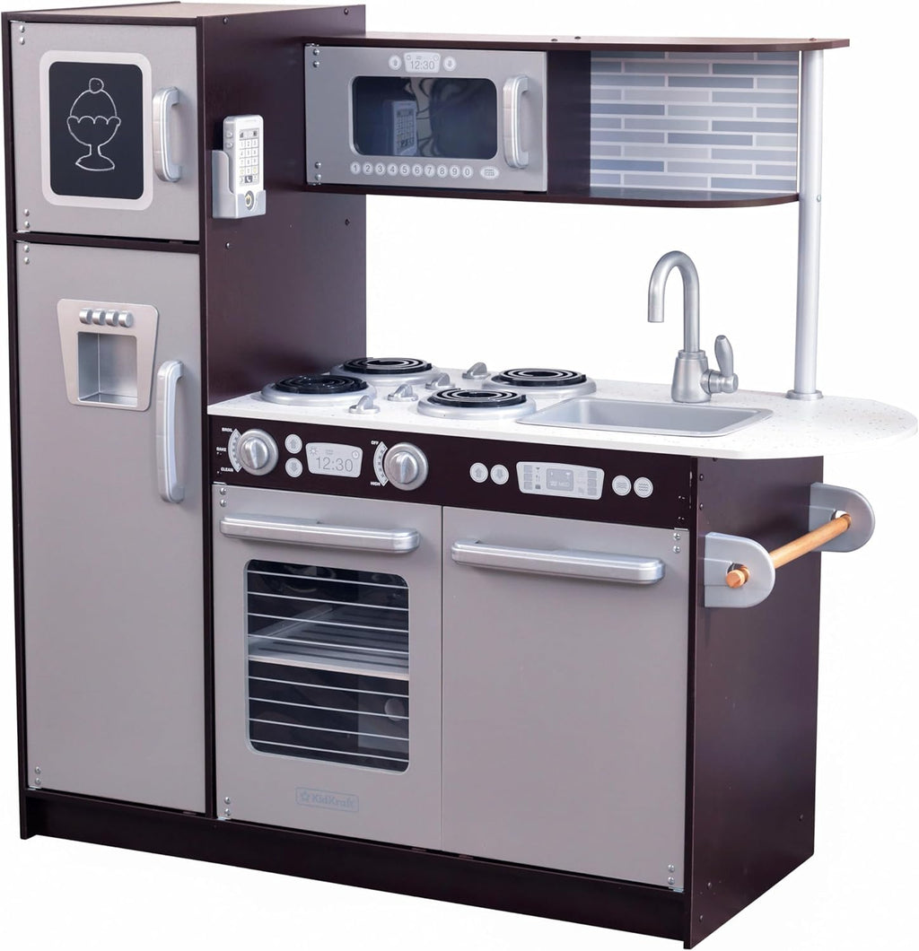 KidKraft Cocina de Juguete Uptown Espresso de Madera con Teléfono de Juguete, Pizarra y Toallero, Espresso