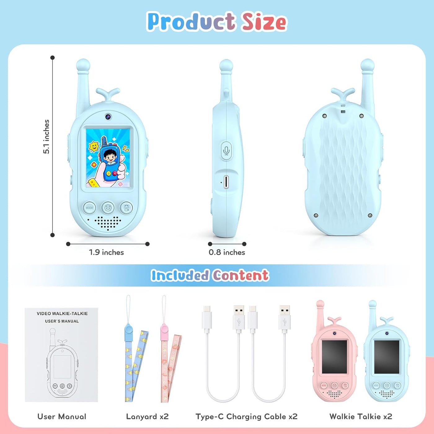 Walkie Talkies de video para niños paquete de 2 walkie