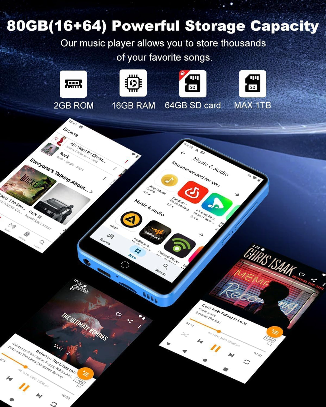 Reproductor de MP3 con Bluetooth y WiFi, 80 GB de almacenamiento y...