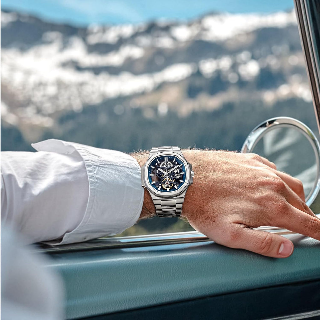 ROCOSJEWE Reloj Skeleton Automático de Lujo para Hombre, Reloj de Pulsera Mecánico de vestir, Remonte automático con esfera azul/negra, Joyería de acero inoxidable, manecillas luminosas, resistente al agua R0143