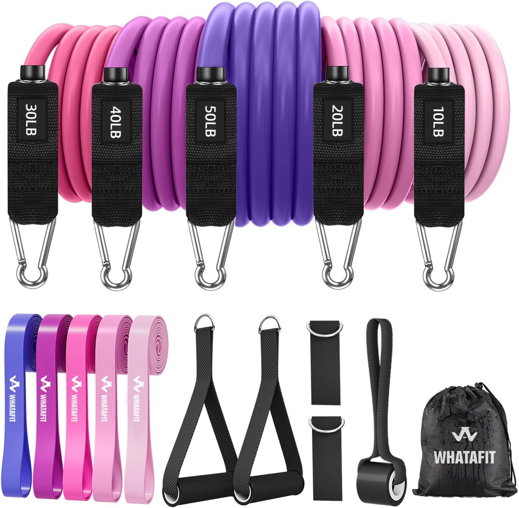 WHATAFIT Bandas de resistencia, bandas de ejercicio, bandas de resistencia para entrenamiento, bandas de entrenamiento con asas para hombres y mujeres, entrenamiento de fuerza, equipo de gimnasio en