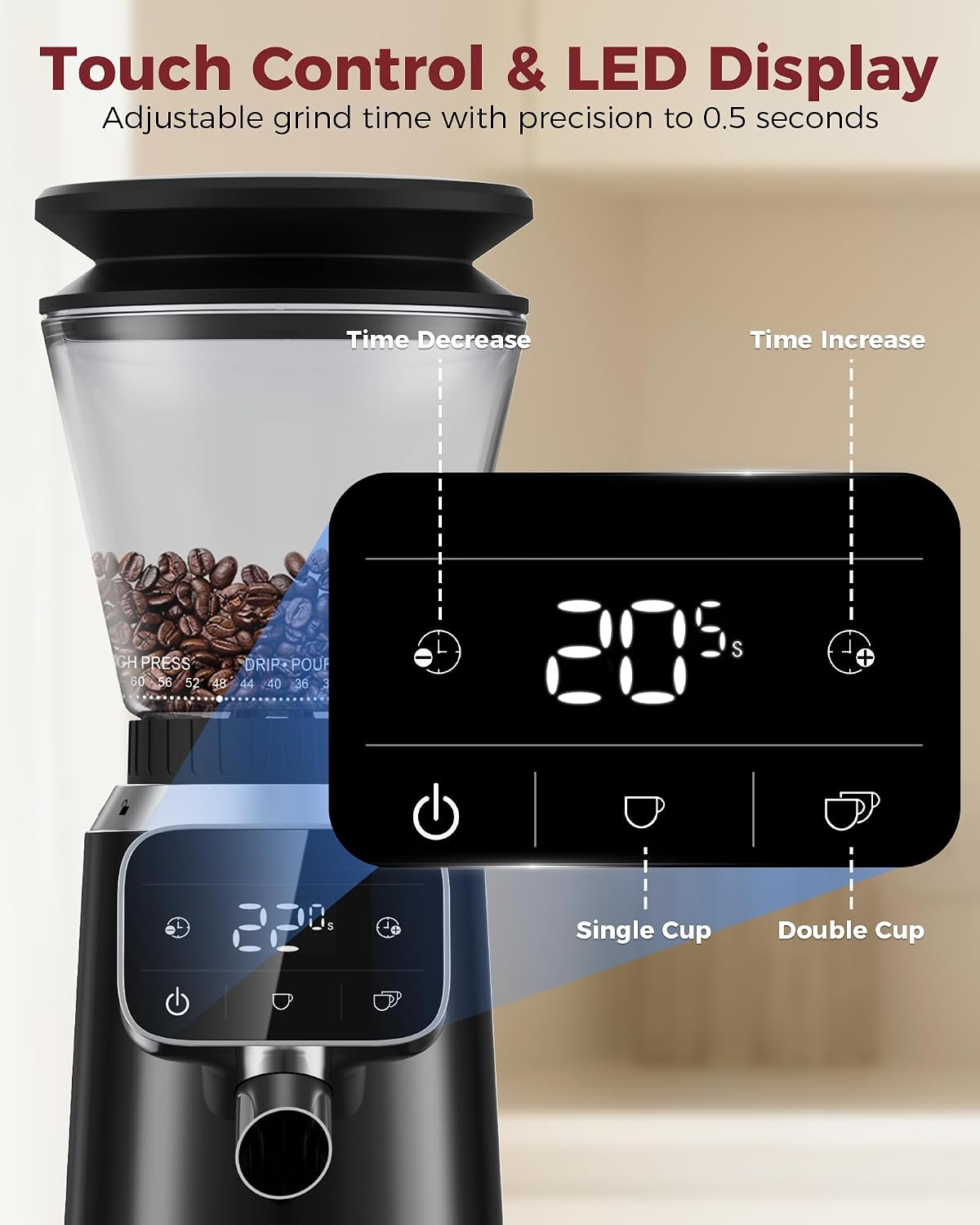 Tuni Molinillo de café con rebabas cónicas G2 con 70 ajustes precisos de