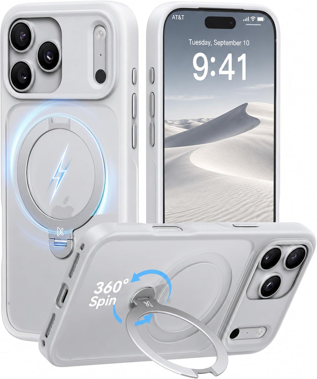CASEKOO Funda blanca para 17 Pro Max con soporte magnético giratorio de 360 grados [protección de cámara] [protección de grado militar de 18 pies] [compatible con MagSafe] Ring Grip Slim Matte 17