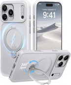 CASEKOO Funda blanca para 17 Pro Max con soporte magnético giratorio de 360 grados [protección de cámara] [protección de grado militar de 18 pies] [compatible con MagSafe] Ring Grip Slim Matte 17