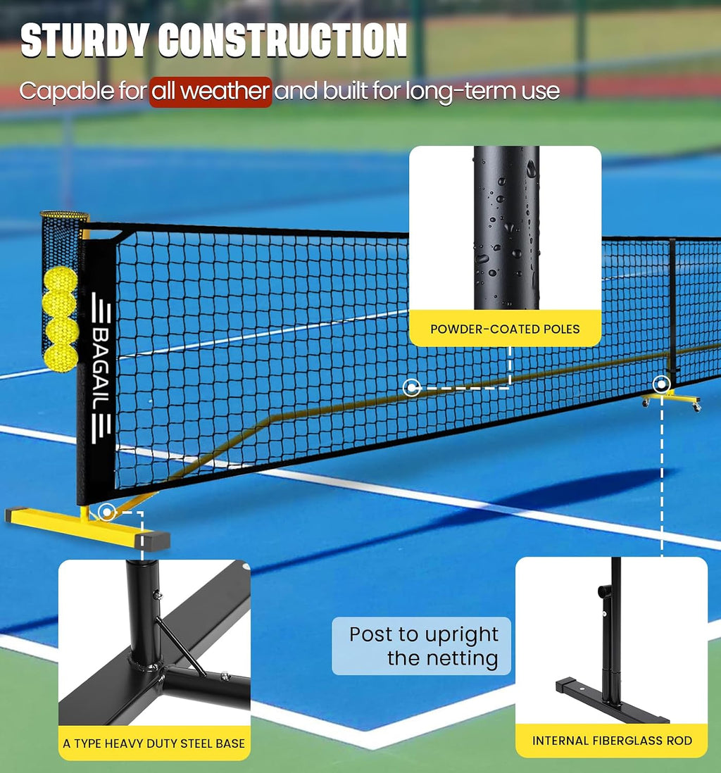 BAGAIL Portátil Set de Red de Pickleball, 22 FT Tamaño reglamentario de red de pickleball con recogedor de pelotas, 4 pelotas y bolsa de transporte, montaje fácil para exterior interior en la entrada