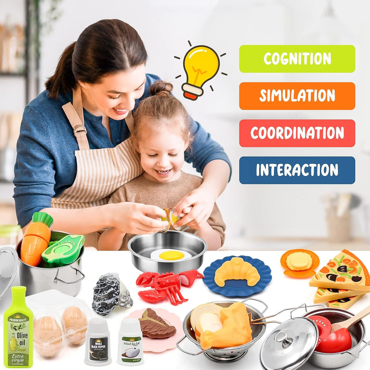 Hohosunlar - Juego de accesorios de cocina de simulación para niños, 38 piezas de juegos de ollas y sartenes de acero inoxidable para niños, utensilios de cocina de juguete, alimentos de simulación