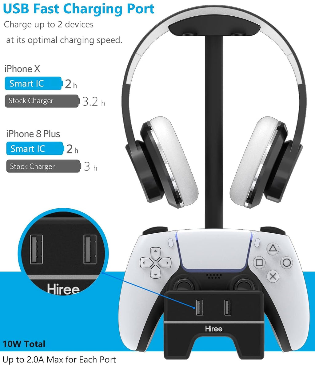 Cargador para PS5 con puerto de carga USB y toma de corriente, estación de carga RGB DualSense para controles de Playstation 5 con soporte para audífonos, accesorios PS5