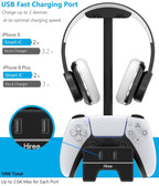 Cargador para PS5 con puerto de carga USB y toma de corriente, estación de carga RGB DualSense para controles de Playstation 5 con soporte para audífonos, accesorios PS5