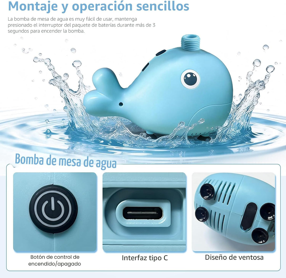Bomba de mesa de agua recargable, bomba de juego de agua para niños, 3 modos de pulverización, compatible con la mayoría de mesas de actividades al aire libre para niños pequeños en el mercado, diseño