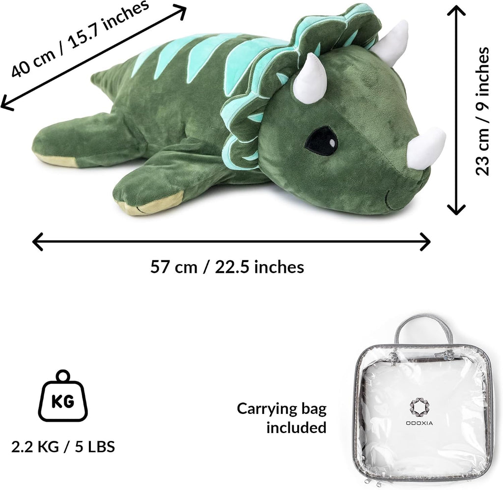 ODOXIA - Animal de peluche con peso para niños, 5.1 lbs, calmante y reconfortante, dinosaurio de felpa con peso, incluye bolsa de transporte, peluche sensorial de animales