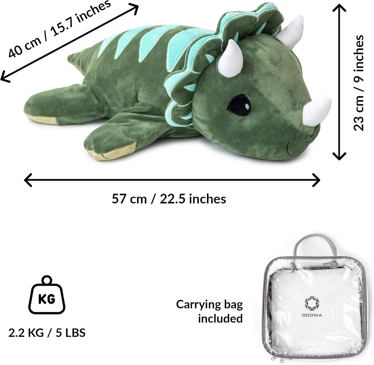 ODOXIA - Animal de peluche con peso para niños, 5.1 lbs, calmante y reconfortante, dinosaurio de felpa con peso, incluye bolsa de transporte, peluche sensorial de animales