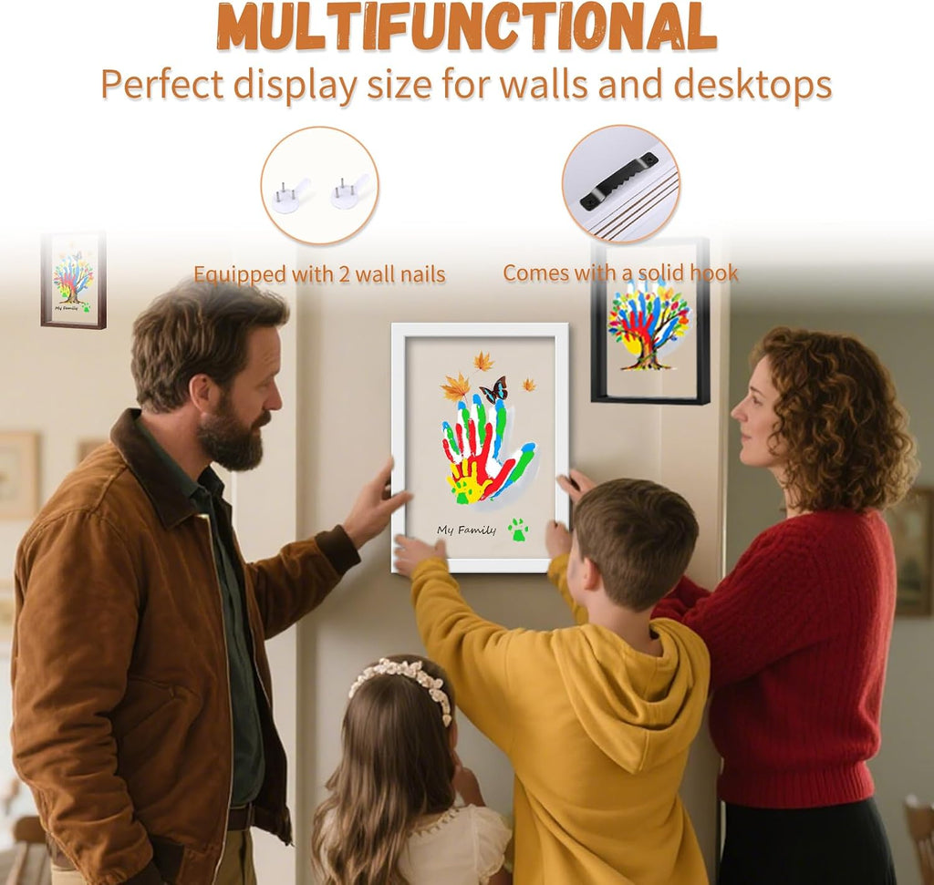 Kit familiar de huellas de manos y fundición a mano, recuerdo de manualidades con marco de madera, pinturas no tóxicas, kit de pasarela para bebé, regalo perfecto para abuelos, nuevos padres y familias (blanco, 4 hojas transparentes)